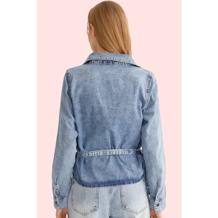 Kadın Pamuklu Denim Gömlek; Kruvaze V Yaka Uzun Kollu Günlük Stil Yaz Aylarının Vazgeçilmezi