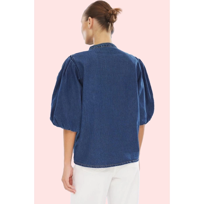 Kadın Pamuklu Denim Gömlek Regular Kalıp Balon Kol Volanlı Detaylar Rahat Günlük Stil Hafta Sonu
