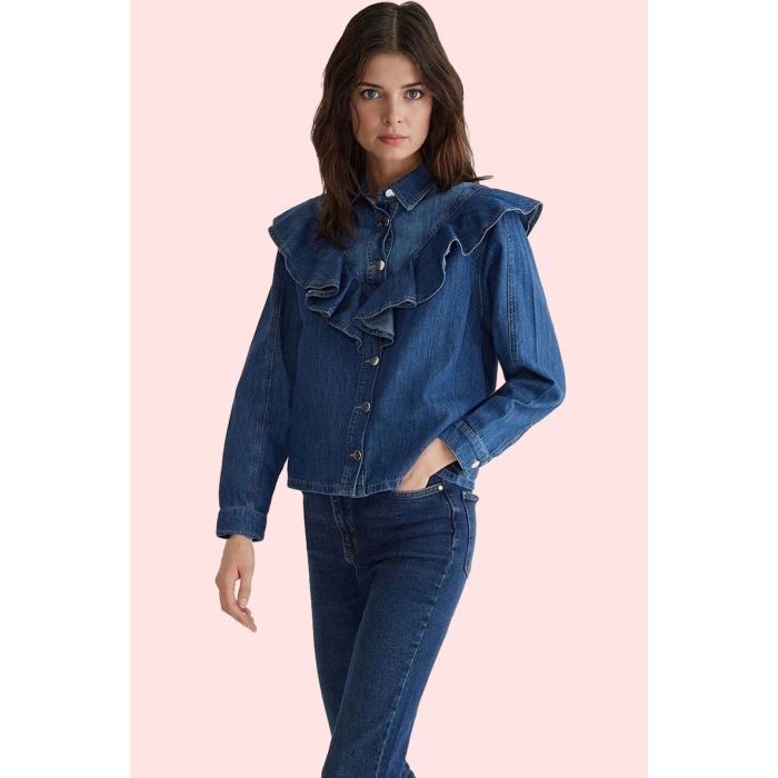 Kadın Pamuklu Denim Gömlek Volanlı Yaka Büzgülü Kollar Günlük ve Ofis Şıklığı Modern Tasarım