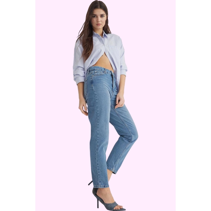 Kadın Pamuklu Denim Jean Mom Kalıp Uzun Boy Geniş Paça Günlük Şıklık Yaz Aylarının Vazgeçilmezi