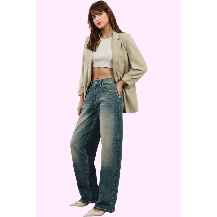 Kadın Pamuklu Denim Jean; Yüksek Bel Geniş Paça Baggy Günlük Kombinler Yaz Aylarının Vazgeçilmezi