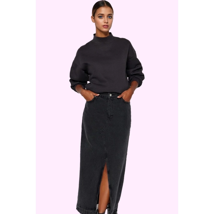Kadın Pamuklu Denim Maxi Etek Yırtmaçlı A line Günlük ve Şık Kombinler İçin Modern Tasarım