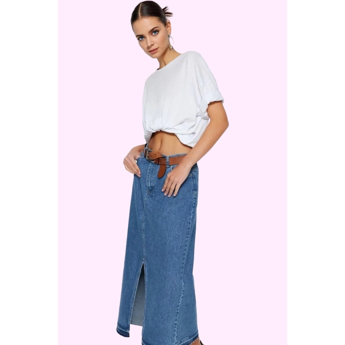 Kadın Pamuklu Denim Maxi Etek Yırtmaçlı A line Günlük ve Şık Kombinler İçin Modern Tasarım