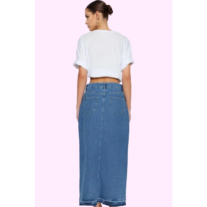 Kadın Pamuklu Denim Maxi Etek Yırtmaçlı A line Günlük ve Şık Kombinler İçin Modern Tasarım