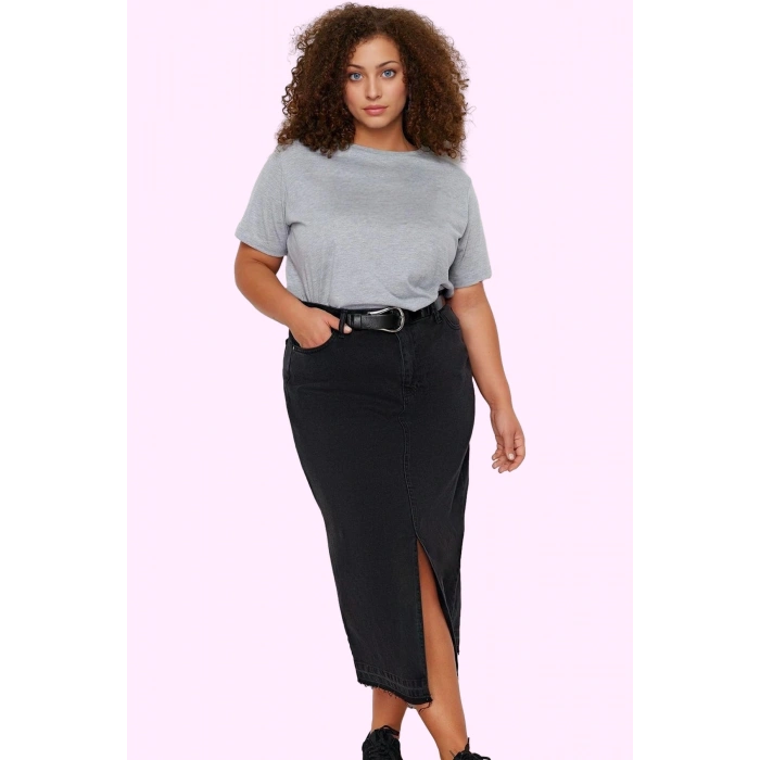 Kadın Pamuklu Denim Midi Etek Yüksek Bel Ön Yırtmaçlı A line Kesim Rahat Günlük Hafta Sonu