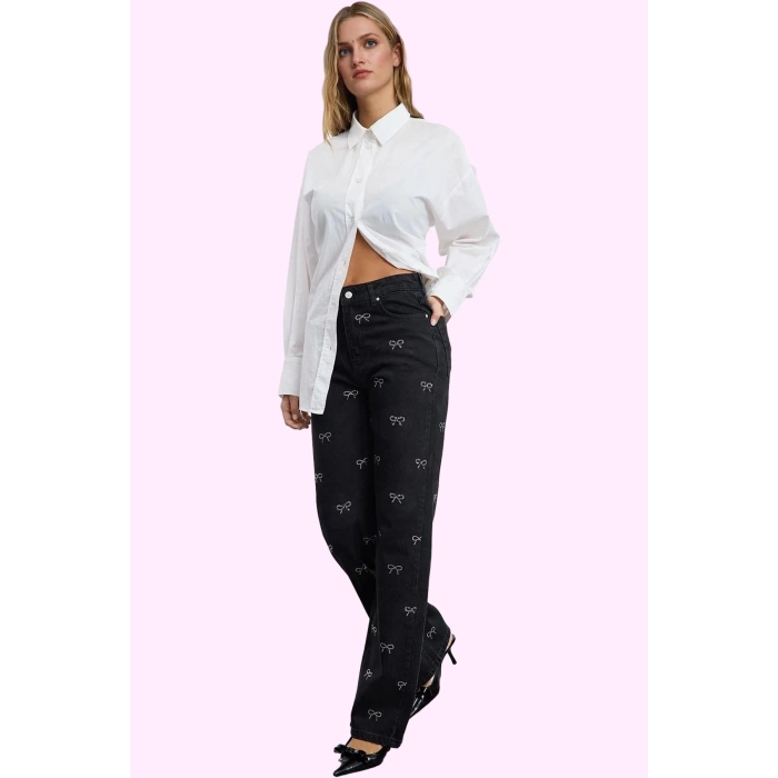 Kadın Pamuklu Denim Pantolon Geniş Paça Yüksek Bel Günlük Stil Hafta Sonu Kaliteli Malzeme