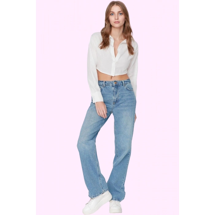 Kadın Pamuklu Denim Regular Geniş Paça Kot Pantolon Düşük Bel Günlük Kullanım Modern Tasarım