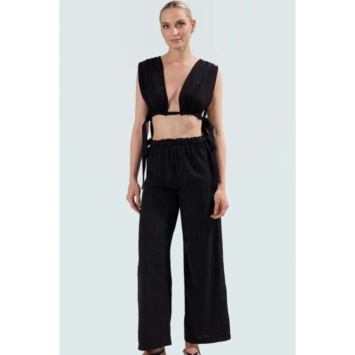Kadın Pamuklu Dokuma Plaj Bluz Pantolon Takımı Rahat Yaz Kombinleri İçin Modern Stil