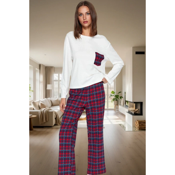 Kadın Pamuklu Ekoseli Pijama Takımı Rahat Ev Giyim Seçkin Malzeme Dayanıklı