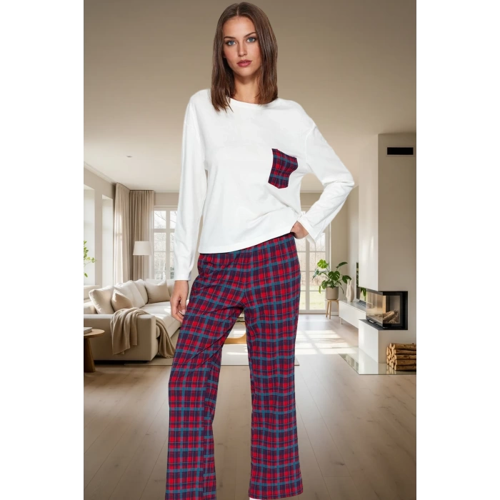 Kadın Pamuklu Ekoseli Pijama Takımı Rahat Ev Giyim Seçkin Malzeme Dayanıklı