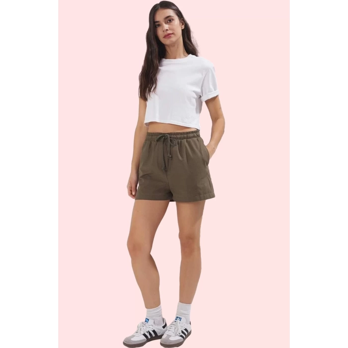 Kadın Pamuklu Gabardin Mini Şort Yüksek Bel Straight Kesim Yazlık Günlük Dayanıklı Malzeme