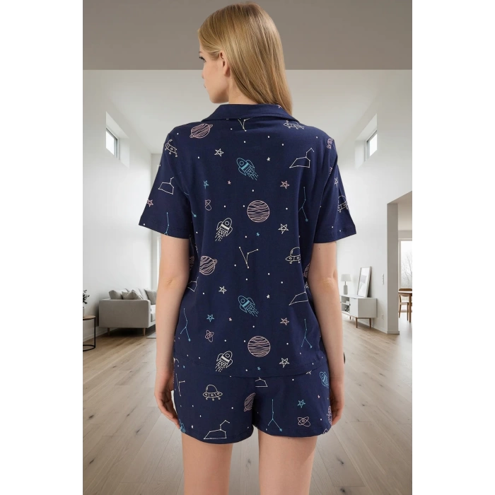 Kadın Pamuklu Galaksi Desenli Kısa Kollu Pijama Takımı Rahat Ev Giyim Seti Mükemmel Uyum