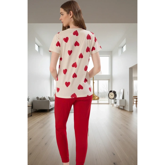 Kadın Pamuklu Kalpli Desenli Rahat Pijama Takımı Kullanım Modern Stil Premium Kalite Seçkin Malzeme