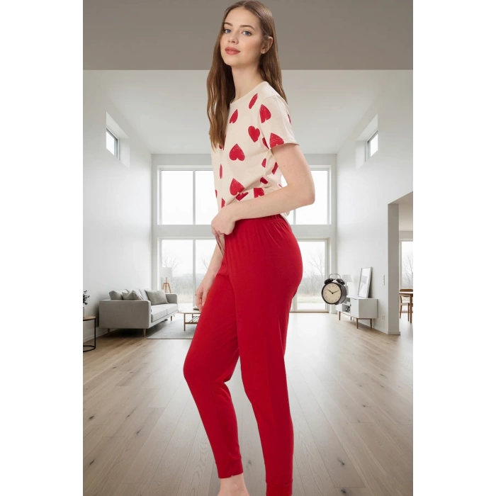 Kadın Pamuklu Kalpli Desenli Rahat Pijama Takımı Kullanım Modern Stil Premium Kalite Seçkin Malzeme