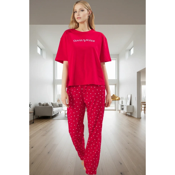 Kadın Pamuklu Kalpli Pijama Takımı Rahat Ev Giyim Seti Şık Görünüm Seçkin Malzeme