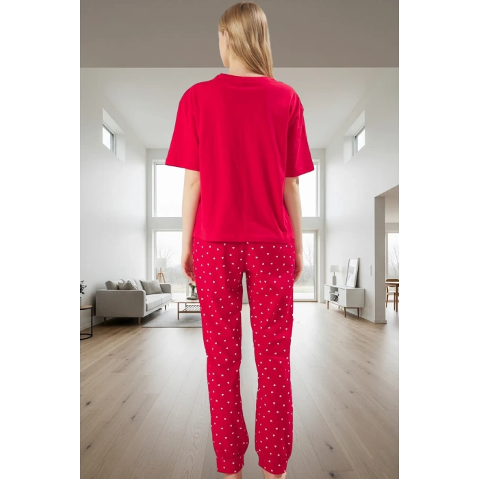 Kadın Pamuklu Kalpli Pijama Takımı Rahat Ev Giyim Seti Şık Görünüm Seçkin Malzeme