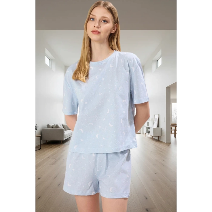 Kadın Pamuklu Kısa Kollu Bisiklet Yaka Galaksi Desenli Pijama Takımı Özenle Seçilmiş