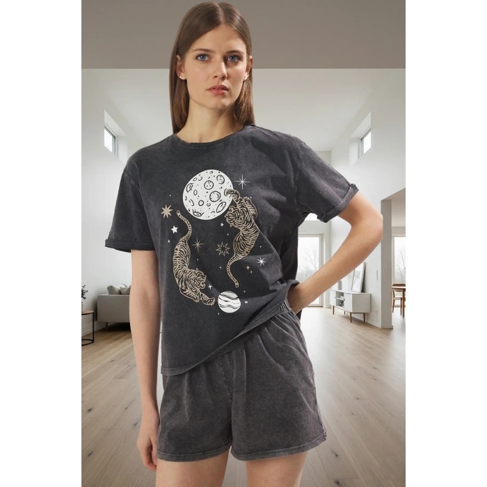 Kadın Pamuklu Kısa Kollu Bisiklet Yaka Pijama Takımı Homewear Koleksiyonu Kaliteli İşçilik