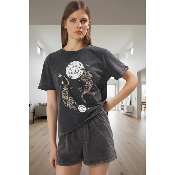 Kadın Pamuklu Kısa Kollu Bisiklet Yaka Pijama Takımı Homewear Koleksiyonu Kaliteli İşçilik