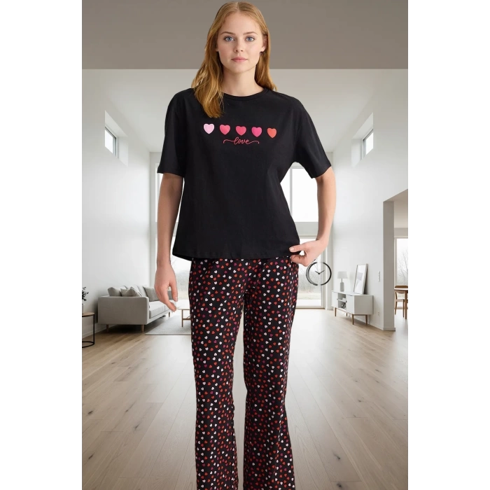 Kadın Pamuklu Kısa Kollu Bisiklet Yaka Pijama Takımı Uzun Ömürlü Premium Kalite Seçkin Malzeme