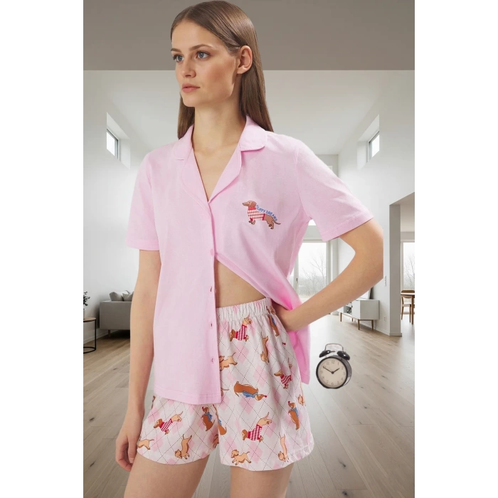 Kadın Pamuklu Köpek Desenli Regular Pijama Takımı Yazlık Rahat Uyku Seti Yüksek Kalite Uzun Ömürlü