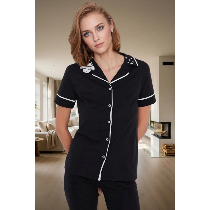Kadın Pamuklu Kuzu Baskılı Regular Kalıp Kısa Kollu Pijama Takımı Profesyonel Görünüm