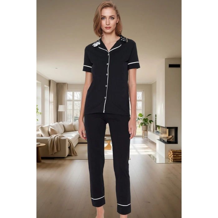 Kadın Pamuklu Kuzu Baskılı Regular Kalıp Kısa Kollu Pijama Takımı Profesyonel Görünüm