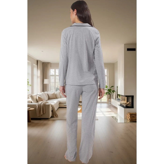 Kadın Pamuklu Örme Pijama Takımı Uzun Kollu Regular Kalıp Boru Paça Ev Giyim Trend Tasarım