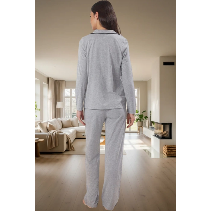 Kadın Pamuklu Örme Pijama Takımı Uzun Kollu Regular Kalıp Boru Paça Ev Giyim Trend Tasarım