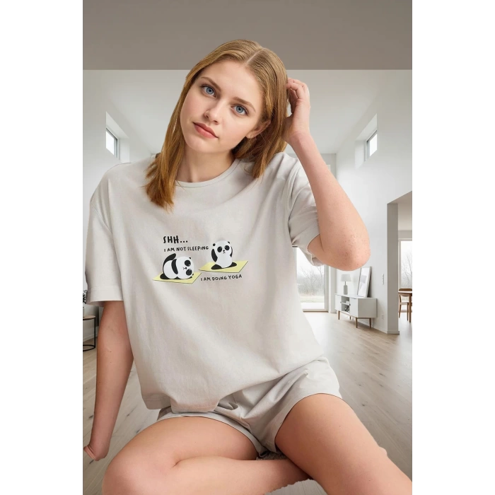 Kadın Pamuklu Panda Baskılı Kısa Kollu Pijama Takımı Uzun Ömürlü Özenle Seçilmiş Yüksek Kalite