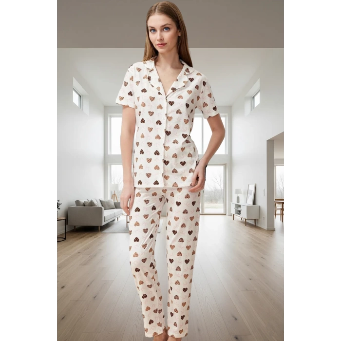 Kadın Pamuklu Polyester Kalpli Pijama Takımı Rahat Ev Giysisi Premium Kalite Şık Görünüm