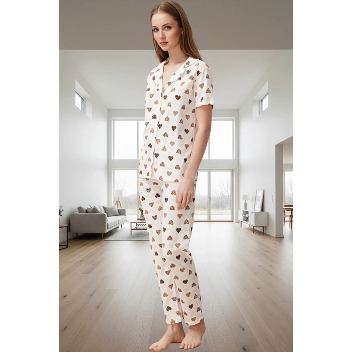 Kadın Pamuklu Polyester Kalpli Pijama Takımı Rahat Ev Giysisi Premium Kalite Şık Görünüm