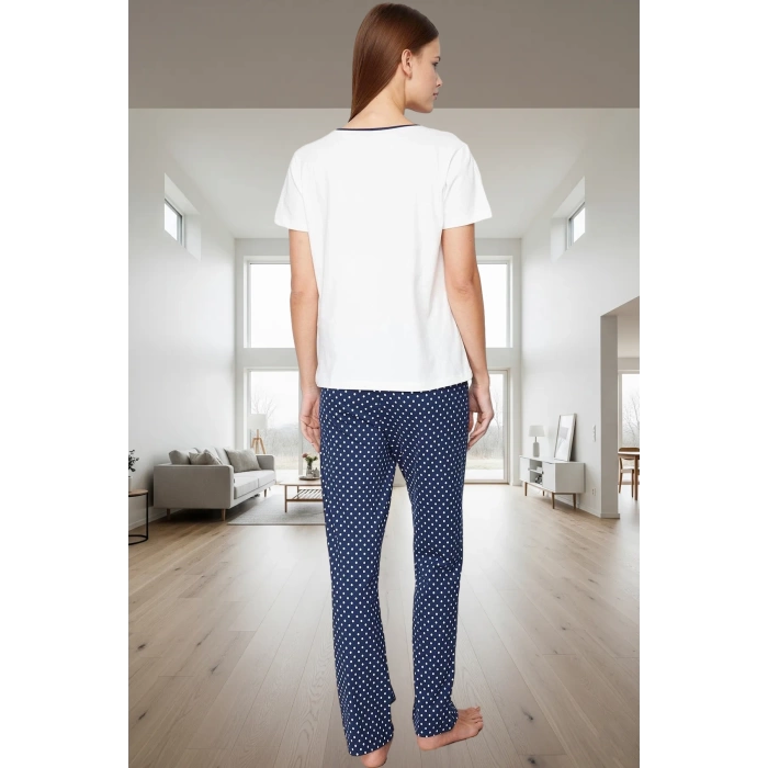 Kadın Pamuklu Puantiyeli Rahat Pijama Takımı Kısa Kol Regular Kalıp Evde Rahatlık Şık Görünüm