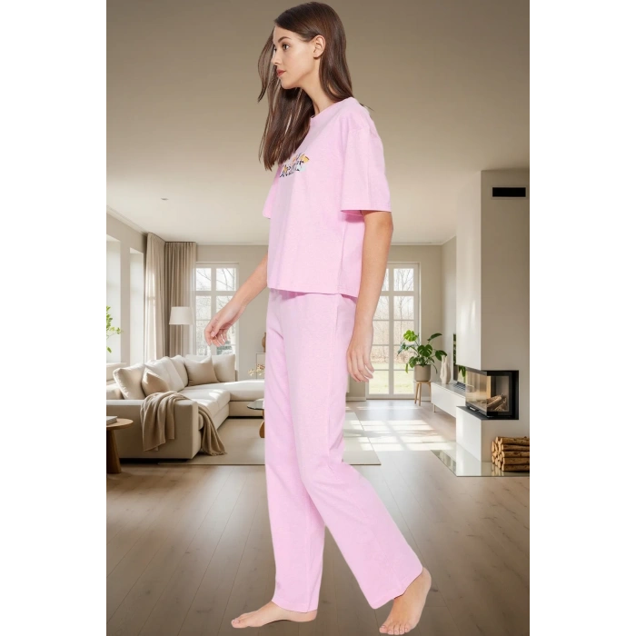 Kadın Pamuklu Rahat Baskılı Pijama Takımı Kısa Kollu Tişört Pantolon Kullanım Ve Şık