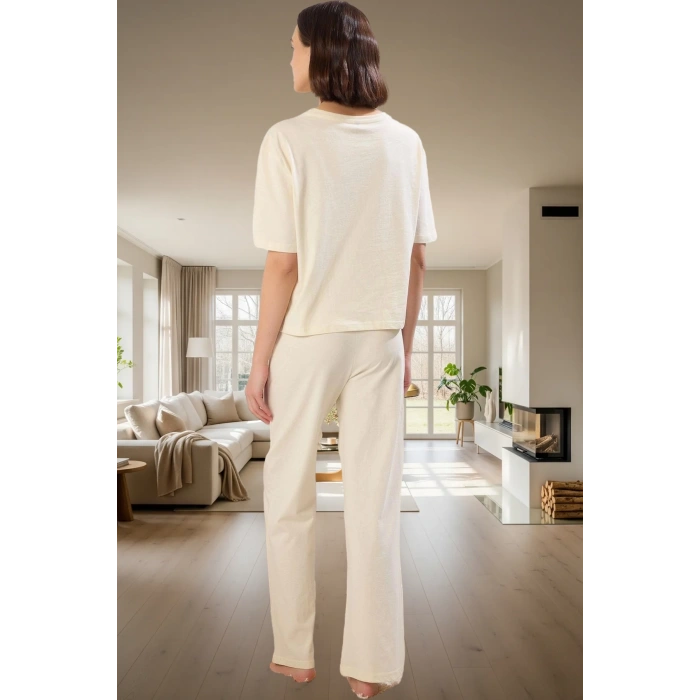 Kadın Pamuklu Rahat Baskılı Pijama Takımı Kısa Kollu Tişört Pantolon Kullanım Ve Şık
