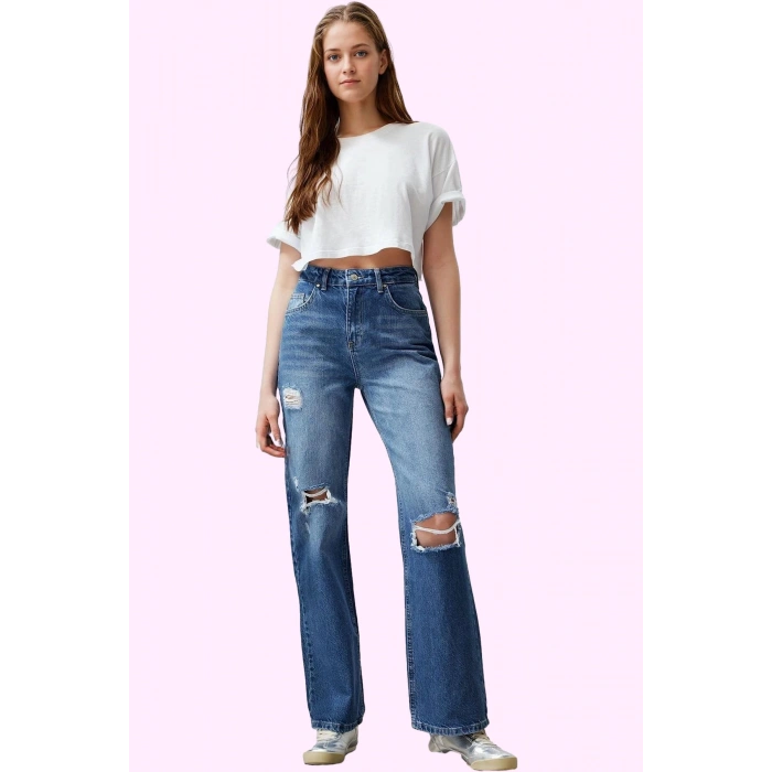 Kadın Pamuklu Yırtık Detaylı Regular Wide Leg Kot Pantolon Günlük Kullanım Kaliteli Malzeme