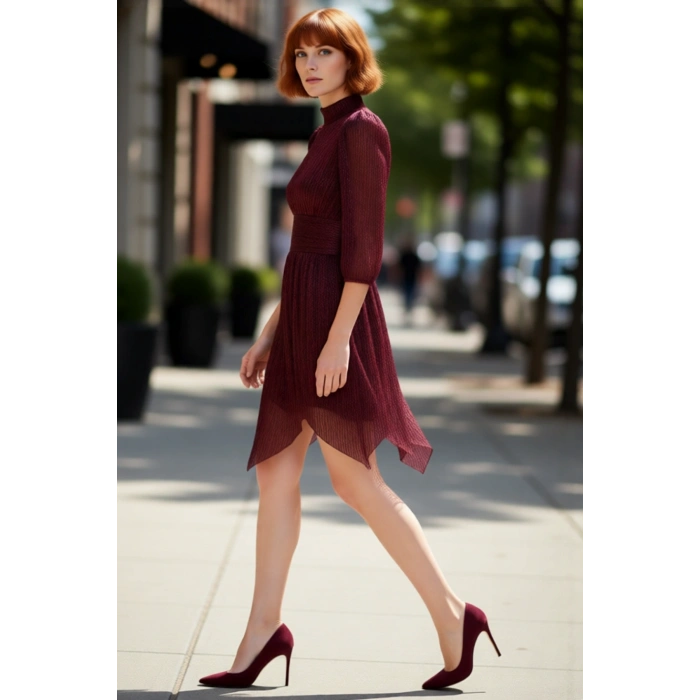 Kadın Parıltılı Örme Astarlı A Line Balon Kol Dik Yaka Kısa Abiye Elbise Şık Gece Mezuniyet İçin