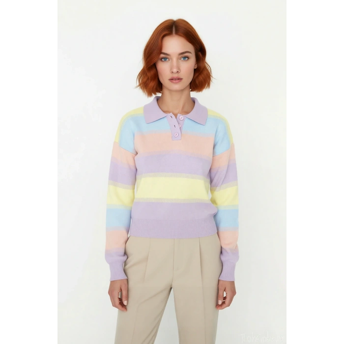 Kadın Pastel Tonlarda Renk Bloklu Polo Yaka Düşük Kol Uzun Kollu Akrilik Triko Kazak Şık ve Rahat