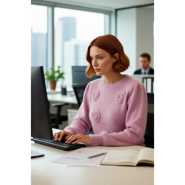 Kadın Pembe Bisiklet Yaka İşlemeli Desenli Triko Kazak Günlük Kullanım İçin İdeal Uzun Kollu Model