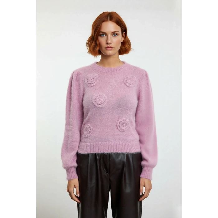 Kadın Pembe Bisiklet Yaka İşlemeli Desenli Triko Kazak Günlük Kullanım İçin İdeal Uzun Kollu Model