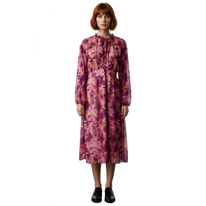 Kadın Pembe Çiçekli Şifon Skater Midi Elbise Bağlamalı Yakalı Uzun Kollu Rahat ve Şık Kaliteli