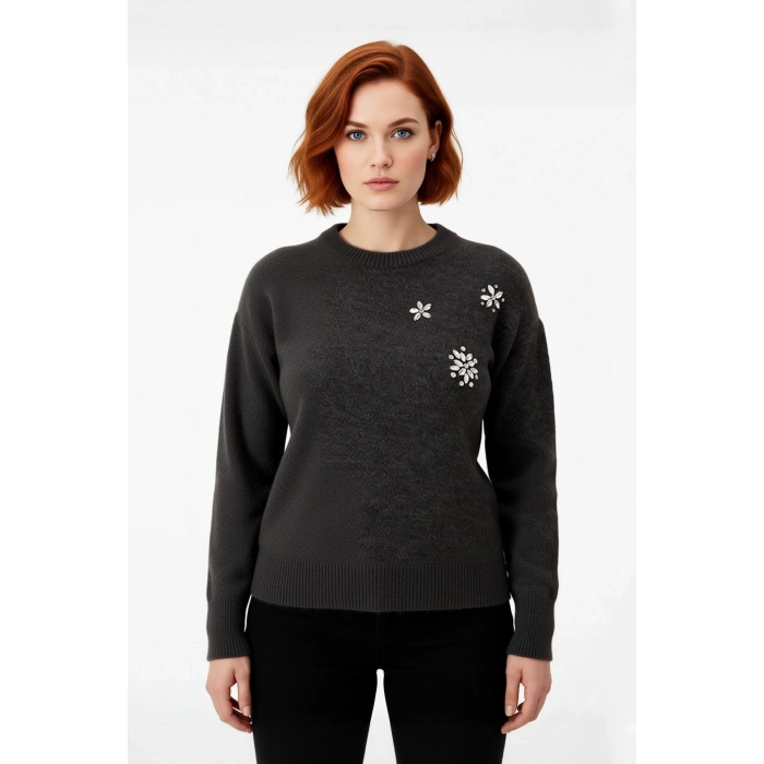 Kadın Pembe Işıltılı Taş İşlemeli Regular Kesim Bisiklet Yaka Uzun Kollu Günlük Triko Kazak