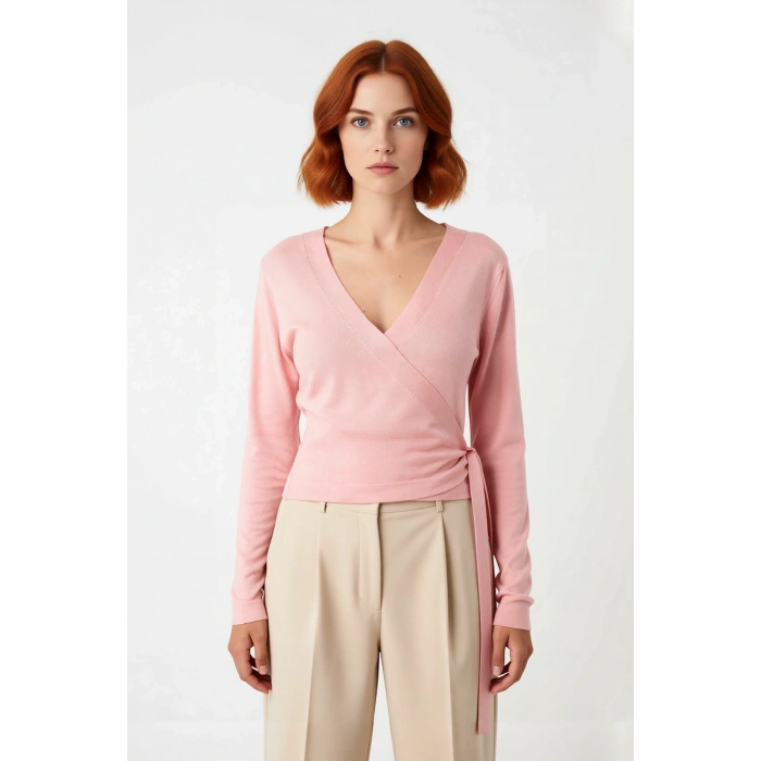 Kadın Pembe Kruvaze Yaka Crop Triko Kazak Günlük Kullanım İçin İnce Yapılı Uzun Kollu Rahat Stil