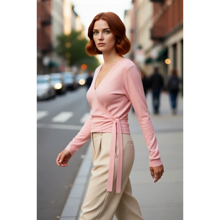 Kadın Pembe Kruvaze Yaka Crop Triko Kazak Günlük Kullanım İçin İnce Yapılı Uzun Kollu Rahat Stil