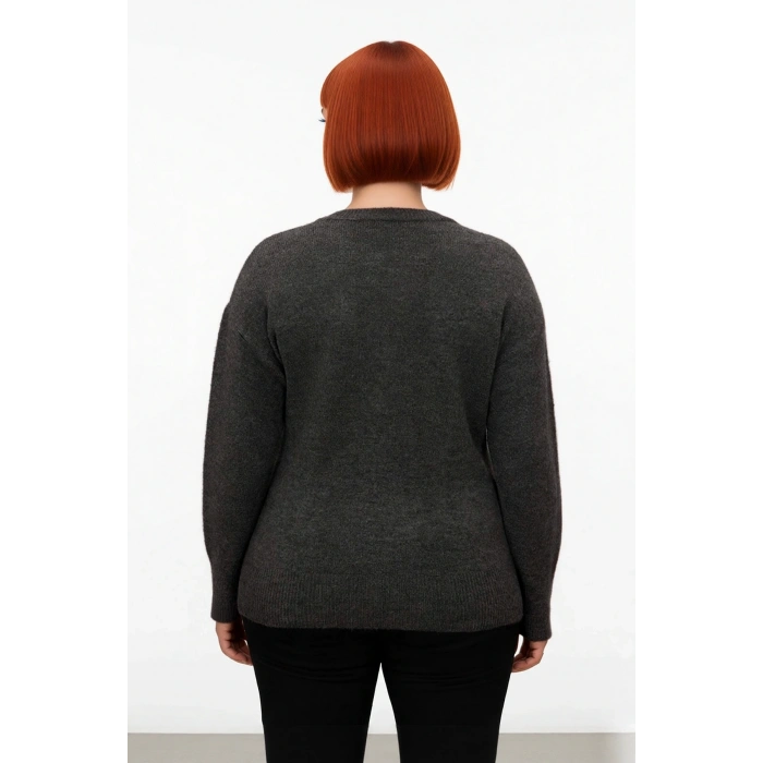 Kadın Pembe Özel Taş Desenli Düşük Omuzlu Bisiklet Yaka Orta Kalınlık Yumuşak Kışlık Triko Kazak