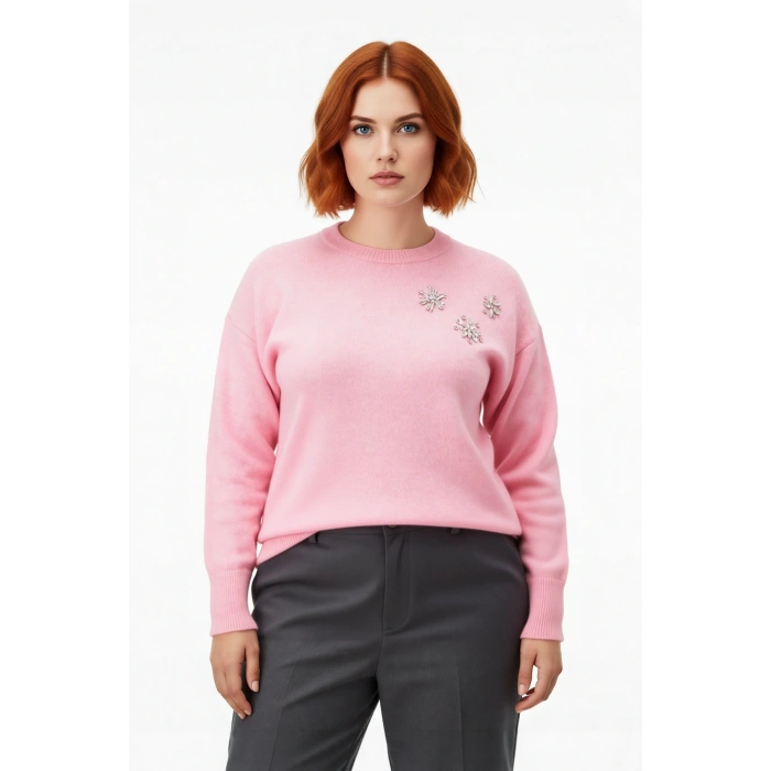 Kadın Pembe Özel Taş Desenli Düşük Omuzlu Bisiklet Yaka Orta Kalınlık Yumuşak Kışlık Triko Kazak