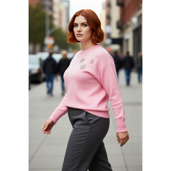 Kadın Pembe Taş Detaylı Regular Kalıp Düşük Kol Bisiklet Yaka Yumuşak Hissiyatlı Kışlık Triko Kazak