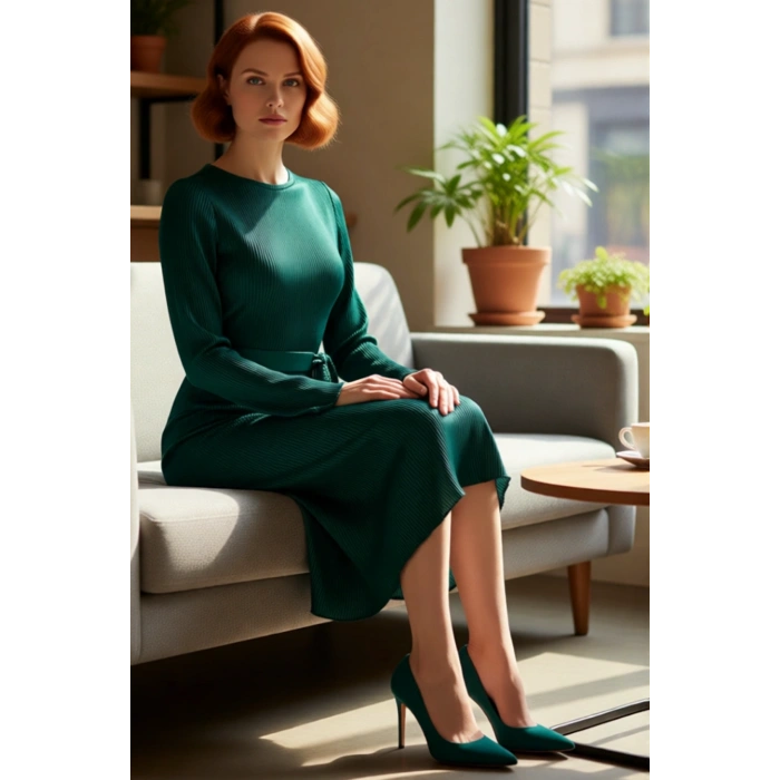 Kadın Pilise Dokulu Kuşaklı Midi Elbise Kayık Yaka Uzun Kollu Shift Kalıp Şık Kış Koleksiyonu