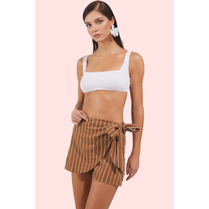 Kadın Plaj Şort Etek Viskoz Poliamid Polyester Çizgili Yüksek Bel Yaz Aylarının Vazgeçilmezi