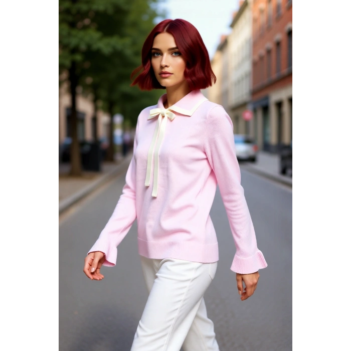 Kadın Polo Yaka Bağcıklı Triko Kazak Renk Bloklu Uzun Kollu Kışlık Ofis Şıklığı İçin Rahat Seçim